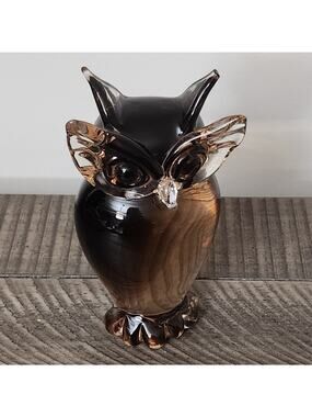 VTG MURANO MCM Smokey Brown Clear Decorative GLASS OWL figurine